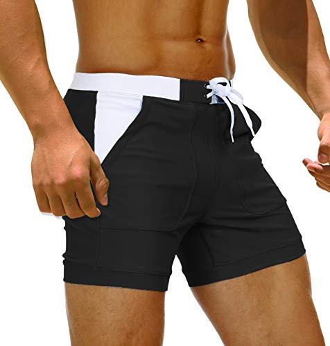TACVASEN Swim Briefs Men Swimming Boxer Trunks Sports Swimwear Shorts Men Summer Casual Wear Surfing Bathing Shorts Boys Elastic Mesh Beach Trunks Pocket, Black, 36