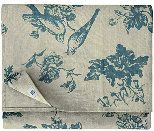 Linen & Cotton Hochwertige Tischdecke Stoff Tischtuch Tischwäsche Flores mit Blumen Motiv - 100% Leinen, Beige Blau (140 x 300 cm) Vintage Rechteckig für Home Küche Wohnzimmer Dekoration