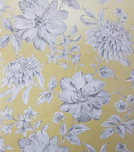 Yellow Floral Wallpaper White Grey Flowers Pearlescent Metallic YöL Lucia