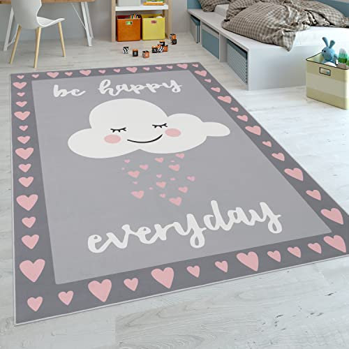 Paco Home Tapis pour Enfants, Tissage Plat pour Chambre d'enfant, Motif Dicton Et Nuage, Gris Rose, Dimension:80x150 cm
