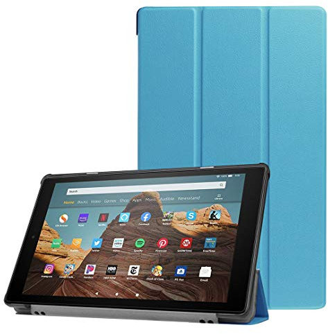 SATURCASE Case for Amazon Fire HD 10 2019 Released (9th Generation), PU Leather Flip Foldable Folio Stand Protective Tablet Cover with Auto Sleep/Wake Function (Sky Blue)