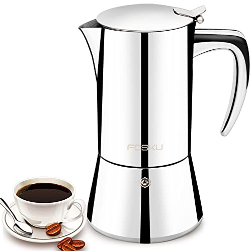 FOSKU Herdplatte Espressokocher Edelstahl Mokkakanne Italienischer Stil Kaffeemaschine Espressokanne für 6 Tassen 300ml (Silber)