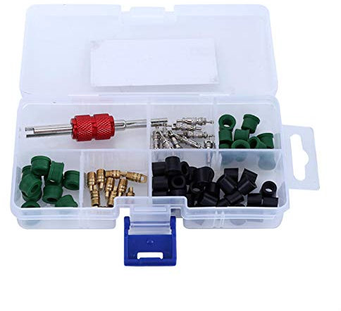 Kit de reparación de aire acondicionado de coche de 71 piezas, kit de núcleo de válvula de aire acondicionado de coche herramienta de reparación de CA automática + núcleos de válvula de 10 piezas + ju