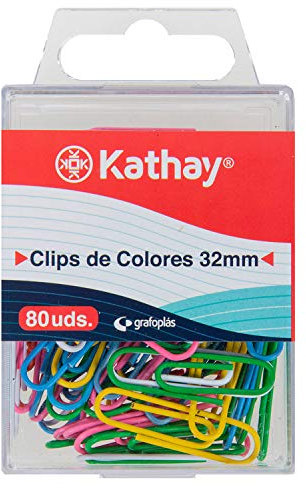 Kathay 86400599. Caja de 80 Clips Colores Surtidos, 32mm, Niquel, Plastificados
