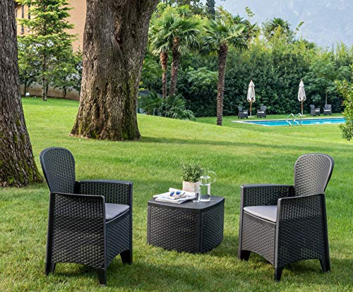 Dmora - Ensemble de salon d'extérieur Naples, Composition de jardin avec 2 fauteuils et 1 table de rangement, Salon effet rotin, 100% Made in Italy, Anthracite
