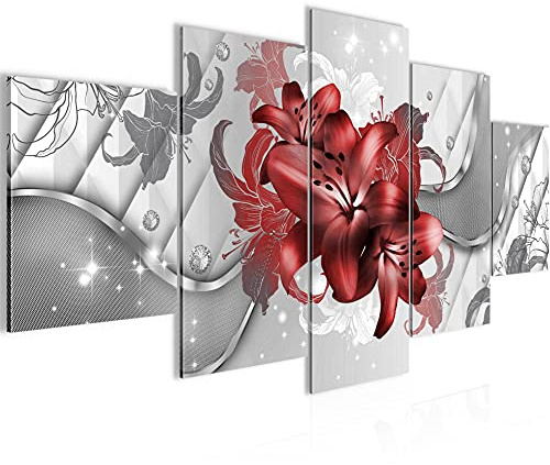 Runa Art - Bilder Blumen Lilien 200 x 100 cm 5 Teilig XXL Wanddekoration Design Rot Weiß 016551b