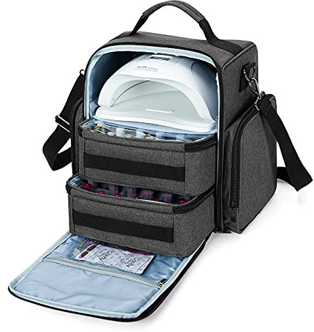 BAFASO Nail Polish Organiser Holds 48 Bottles (15ml - 0.5 fl.oz) and a Nail Lamp, Large Nail Polish Case with 2 Removable Pouches and Multiple Storage Sections (Bag Only), Black (Patented)