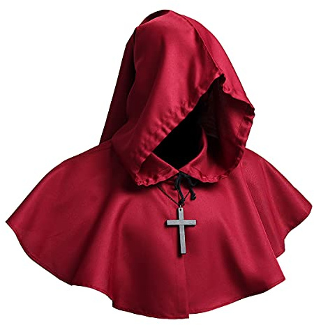 COSDREAMER Mittelalterliche Kapuzen Cowl Kreuz Halskette Halloween-Mantel für Dämonen Hexen Zauberer Cosplay, weinrot, One Size
