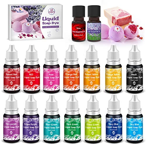 Seifenfarbe Set,14 Farben Flüssige Seifenfarben für die Seifenherstellung Lebensmittelqualität Flüssigseifen Farbe Pigment für Schleim,Badebomben,Badesalze,Epoxid Harz, Eierfärben,Ostereier