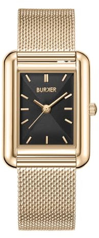 BURKER Damenuhr Olivia, Quadratische Damen Armbanduhr Milanaise-Armband Edelstahl Analog Quarz 3-ATM Wasserdicht - 29 mm - Gold Schwarz
