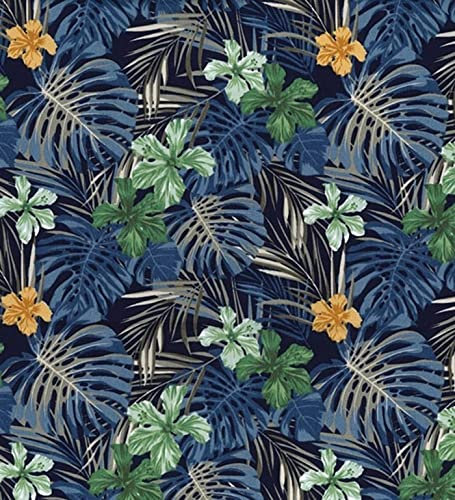 Rose & Hubble Aloha Hawaiian Hibiscus Flowers & Tropical Leaves Print 100% Cotton Poplin Fabric by The Metre, 112cm Wide (Dressmaking, Quilting) (Navy)
