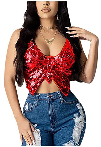WanWorlder Damen Bauchtanz Kostüm BH Oberteil mit Pailletten Perlen Schmetterling Träger Top Halfter Crop Top Belly Dance Tanzkleidung (Rot, freesize)