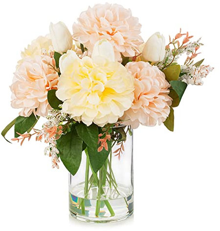 ENOVA FLORAL Artificial Tulips Flowers in Vase, Artificial Flowers Tulips Real Touch and Dahlia Silk Flower in Vase for Dining Table Decoration Wedding, Home Decor Indoor (Cream Pink)