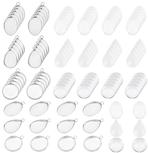 UNICRAFTALE Ca. 90 Sets Flache Runde Cabochon Anhänger Tropfen Cabochons Tabletts Ovale Lünette Cabochon Anhänger 304 Edelstahl Anhänger Cabochon Sets Für Herstellung Halsketten Und Schmuck