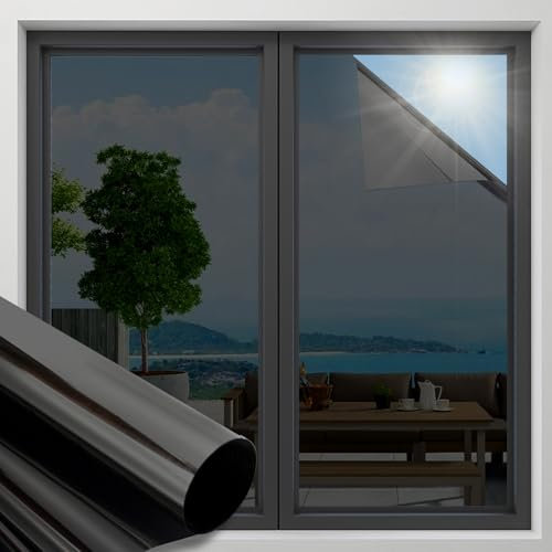 OFHome One Way Window Film Privacy, Mirror UV Reflective Blackout Tint for Home and Office, Self-Adhesive Sun Blocking Anti Glare Heat Reducing Door Glass Windows Tinting with Glue, Black, 40x200cm