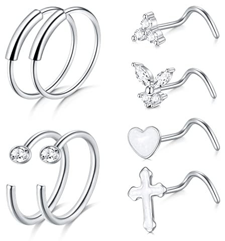 Mayhoop 20G Nasenringe Nasenstecker Nasenpiercing Chirurgenstahl mit Schmetterling Sparkly Diamond L-förmig Nasenschraube für Damen Herren 8St