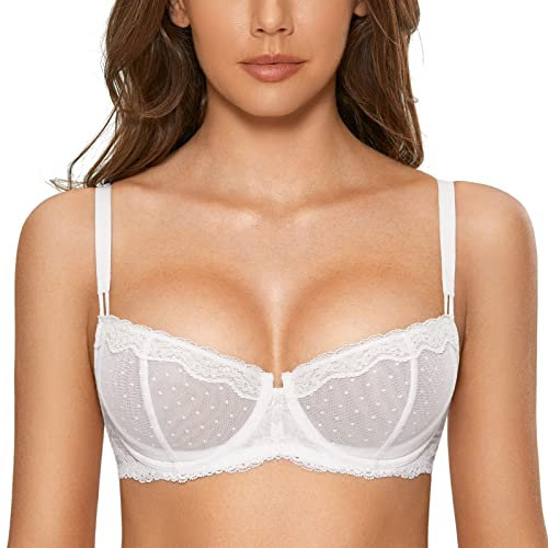 DOBREVA Women's Sexy Lace Balconette Bra Unlined Underwire Open Half Cup Bra See Through Sheer Balcony Bra White 32B