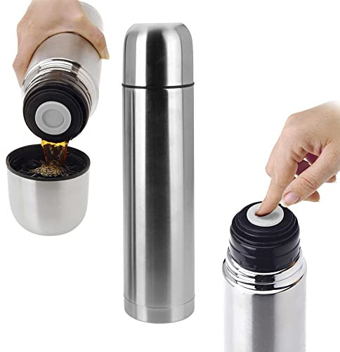 Thermoflasche Thermokanne Isolierflasche Isolierkanne Edelstahl, Doppelwandisolierung, One-Click Verschluss, Deckel als Becher (1 Liter)