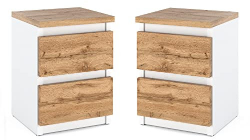 MRBLS Nachttisch 2er Set Nachtschrank Nachtkommode Modern Möbel mit Schubladen Kommode Holz Schubladenschrank für Ihr Schlafzimmer (Weiß Matt - Wotan) – 30 x 43 x 32,5 cm (B/H/T)