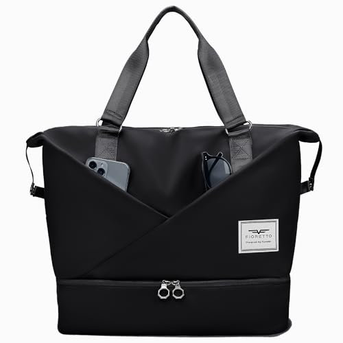 Fioretto Womens Travel Bag Duffle Bag with Laptop Compartment, Water Resistant Gym Bag Weekend Bag Overnight Hospital Bag Holdall with Separated Shoes Compartment & Wet Pocket Black