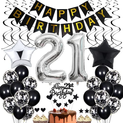 21. Geburtstag Dekoration Schwarz, Tortendeko für Männer und Frauen, Black and White Party Deko, Geburtstagsdeko 21 Jahre