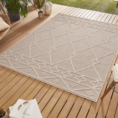 SIMPEX Outdoor Teppich, Berber Design, Teppich Beige, 80 x 150 cm, Teppich Boho-Stil, Küche, Balkon, Terrasse, Garten, Picknick