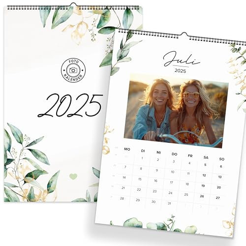 Bastelkalender 2025 zum selbst gestalten, Fotokalender 2025 mit Ferienübersicht, DIY Wandkalender Kreativkalender, Kalender Selbstgestalten, DIN A4 - Greenery Eucalyptus