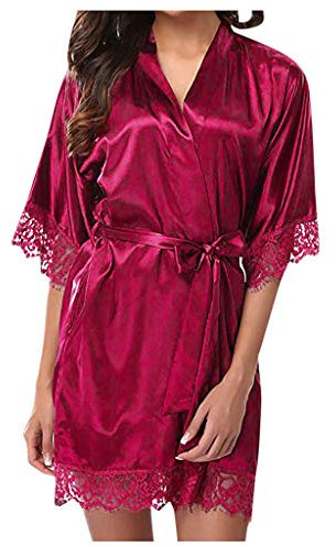 Vestaglia da donna, kimono, vestaglia, pigiameria da notte, da donna, in raso di seta, vestaglie lunghe con abiti da sposa stampati, vestaglia kimono da donna, 0B-rosa caldo, XL