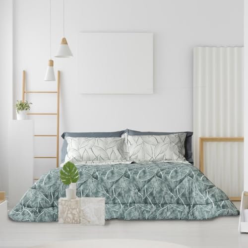 Cassera Casa | Trapunta | Percalle di Cotone 200Tc | Calda imbottitura Anallergica 300 grm2 Invernale | Made in Italy (Piazza e Mezza 220x260, Foglie Verde)