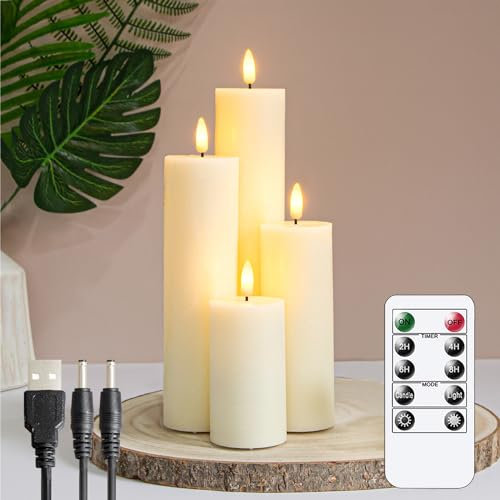 Zevanor Flammenlose elfenbeinfarbene wiederaufladbare LED-Kerzen, Packung mit 4 flackernden echten Wachskerzen (inkl. USB-Ladekabel mit 2 Anschlüssen, 5,5cm x10cm 15cm 20cm 25cm)