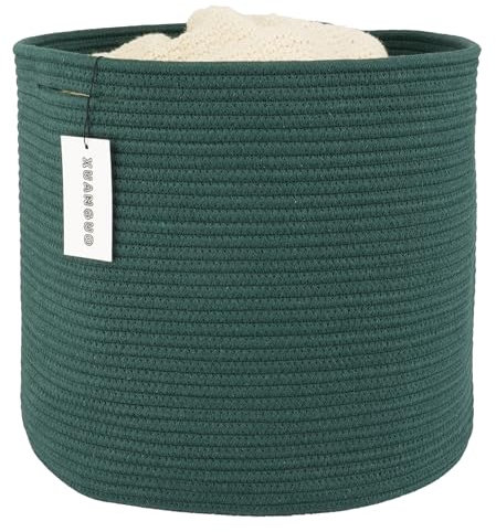XUANGUO Cesto in corda di cotone per ragazze e ragazzi, 40,6 x 35,6 cm, cesto portabiancheria rotondo in tessuto, organizer per giocattoli, coperte, scarpe, vestiti, verde scuro