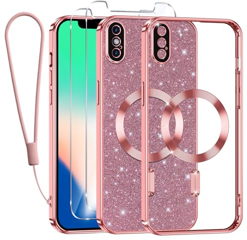 Kokio Glitter Magnétique pour iPhone X/XS Con Cordon, [Compatible avec MagSafe] Antichoc Brillant Pailleté Housse Transparent Souple Couqe pour iPhone X avec 2 Pièces Verre Trempé Étui, Rose