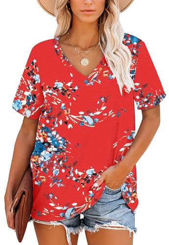 NARRAME T-Shirt d'été à Manches Courtes et col en V pour Femme À Fleurs Bleu Rouge Moyen M 38-40