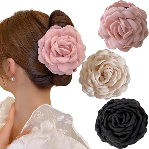 Ypkia Juego de 3 pinzas grandes para el pelo con diseño de rosa, para mujer, color negro, beige, rosa claro