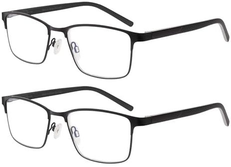 SKYWAY 2 Pack Lesebrillen Herren Metallrahmen Blaulichtblockierende Federscharnieren Computer Lesebrille für Herren Anti-Ermüdung/Blendung/UV (+2.0 dioptrien,Schwarz)