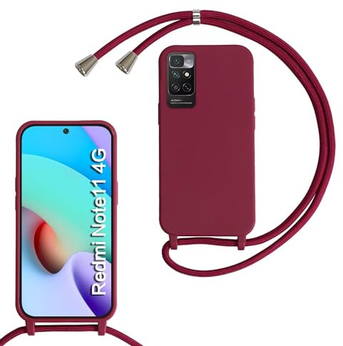 Coque pour Xiaomi Redmi Note 11 4G/Redmi Note 11s avec Cordon,Collier pour Étui en Silicone Liquide avec Portable Sangle Réglable Bandouilière Lanyard Colliers,Housse Anti-Choc Case Lanière,Rouge
