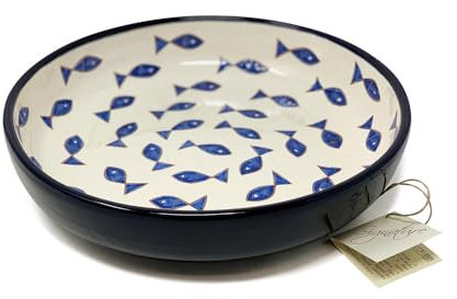 Verano Spanish Ceramics Signature Blue & White Fish Pattern Food Fruit Salad Pasta Wide Bowls - Home Kitchen Dining Dinner Party Decorative Dishware - 23cm Blue Fish & White Background