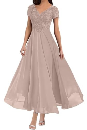 Mother of The Bride Dresses for Women's Chiffon Appliques V Neck Short Sleeves Tea Length Formal Evening Party Gowns Taupe XL