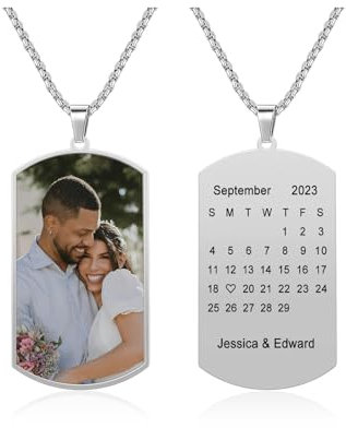 PiercingJak Personalisierte Dog Tag Halskette Foto Kalender Text Beidseitig Gravur Edelstahl Hundemarke Anhänger mit 24'' Kette Memorial Schmuck Liebe Freundschaft Geschenke für Damen Herren