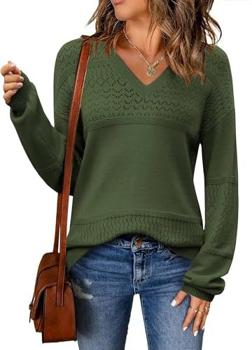 Zeagoo Mujer Suter Invierno Casual Básico Jersey con Cuello de Pico Punto Canalé Manga Larga Pullover Verde Militar S