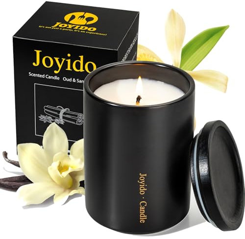 Joyido Duftkerzen – Oud & Sandelholzkerze, Geschenk, ungiftige Soja-Kerzen für Zuhause, duftende, rauchfreie Holzdochtkerzen, über 45 Stunden Brenndauer (schwarz), 400 ml