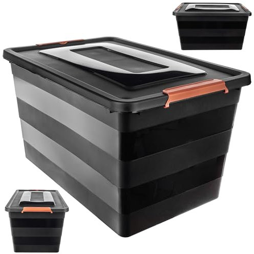 KADAX Caja de almacenamiento con tapa, caja de juguetes de plástico resistente, caja de almacenamiento con cierre de clic, contenedor de almacenamiento (negro, 55 L)