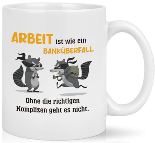 Joymaking Abschiedsgeschenk für Kollegen Jobwechsel Kaffeetasse Geschenk Abschied Kollegin Tassen mit Spruch - Arbeit ist wie ein Banküberfall - Kollegen Geschenk für Abschied, 320ml Weiß