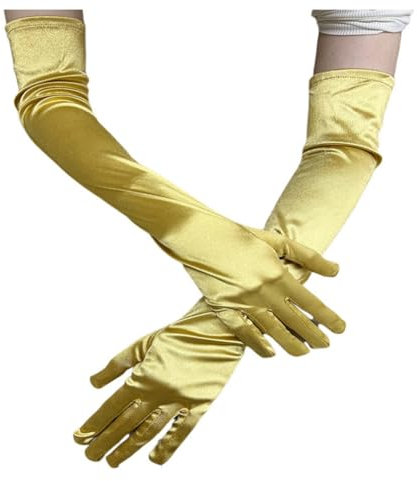 BrightGlow Lang Damen Satin 55cm Classic Elegant Abendhandschuhe 1920er Elastic Satinhandschuhe Opera Party Halloween Karneval Kostüm Opernhandschuhe Braut Gold
