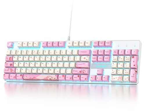 Ussixchare Full Size Mechanical Keyboard, Creamy Keyboard with Number Pad, 104 Keys Pink Wired Gaming Keyboard with Red Switch, RGB Backlit for PC Laptop