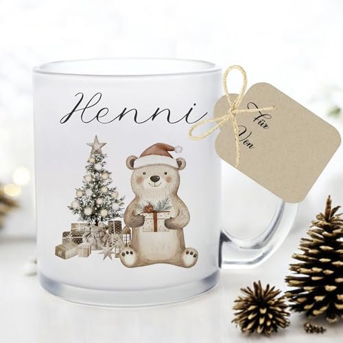 Manufaktur Liebevoll I Tasse Weihnachten Glastasse Glühweintasse mit Namen Weihnachtstasse personalisiert Tasse Nikolaus Weihnachtsgeschenke Kinder Geschenk Mädchen Jungen Tasse Bär (Henni)