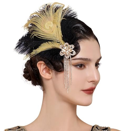 BABEYOND 1920s Peacock Feder Haarnadel - Diamant Quaste Haarspange Prom Damen Vintage Feder Kopfstück Schwarz-Gold