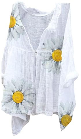 Generisch Jackenerweiterung Reißverschluss EIN-Bluse für Damen aus Baumwolle und Leinen mit Sonnenblumenmuster Bluse Mit Schwalben Damen (Yellow, L)