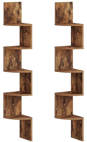 HOOBRO Wandregal 2er Set, Eckregal, Schweberegal, 5-stufiges Regal, einzigartiges Zickzack-Design, platzsparend, für Wohnzimmer, Schlafzimmer, Esszimmer, Retro-Braun EBF26BJP201