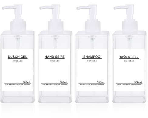 Set di 4 distributori di sapone da 300 ml, dispenser di sapone per doccia, in plastica, ricaricabile, con imbuto, etichette impermeabili, bottiglie di shampoo vintage, da riempire per cucina, bagno,